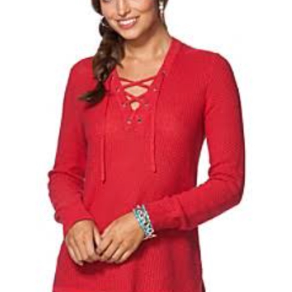 Chaps Women’s Lace-Up V-Neck Textured Sweater